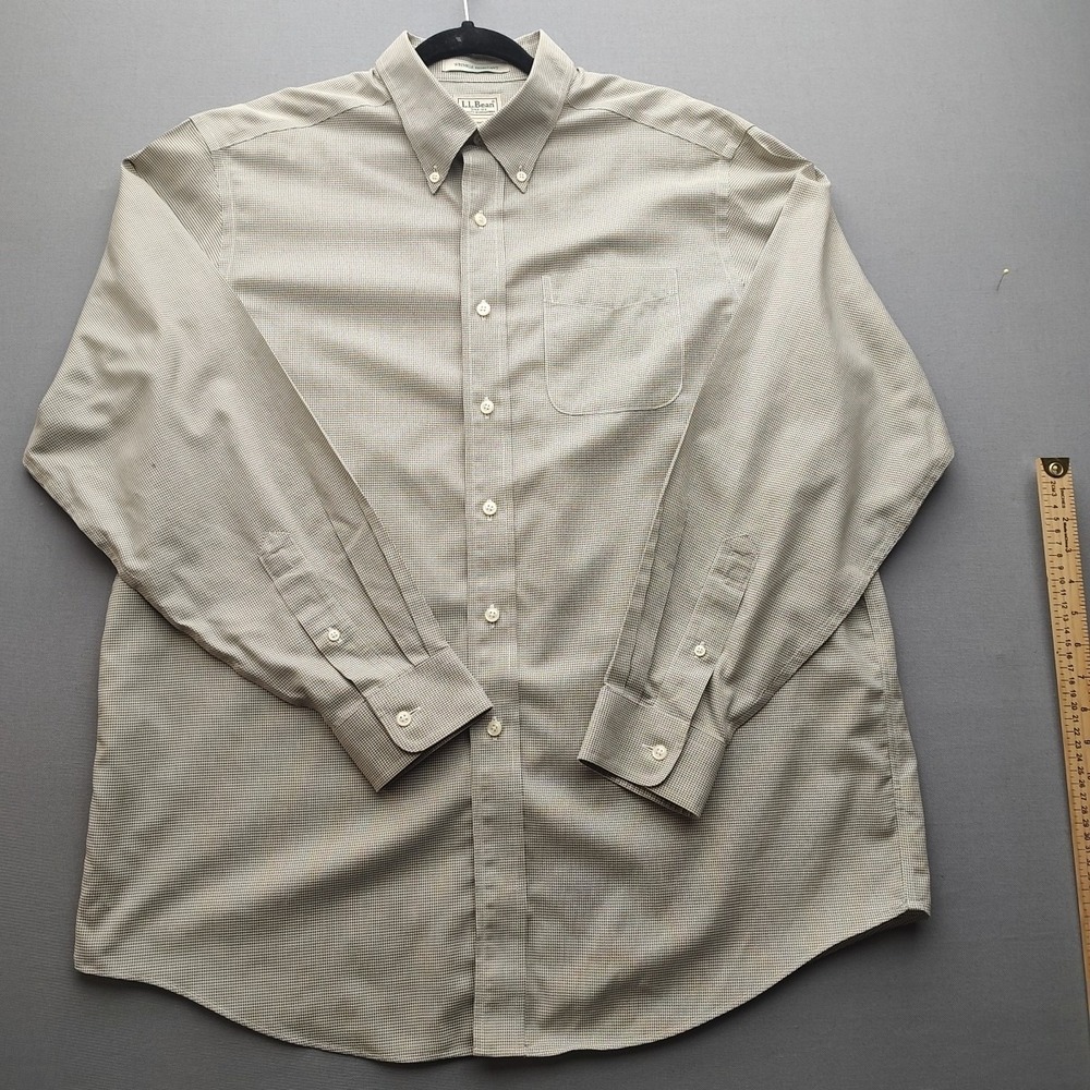 LL Bean Men's Wrinkle Resistant Green Plaid Button Up Shirt Long Sleeve‎ Large